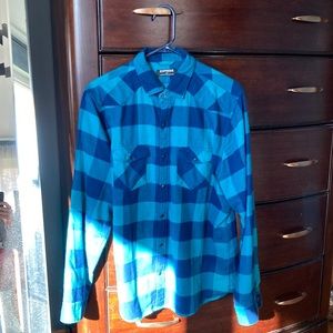 Mens Buffalo Plaid flannel shirt from Express in teal / blue plaid, size large.